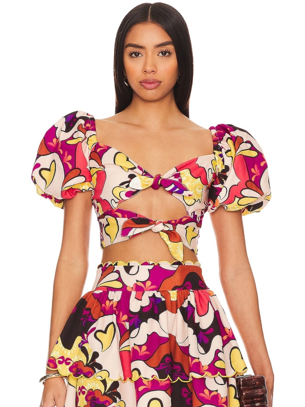 Agua Bendita Multi-Color Puff Sleeve Tie-Front Crop Top